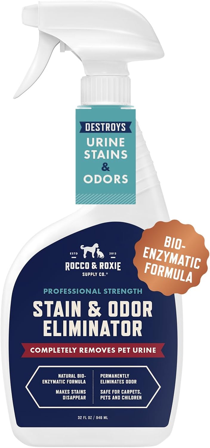 Rocco & Roxie Supply Co. Stain & Strong Odor Eliminator, Enzyme Cleaner, Pet Odor Eliminator for Home - Carpet Stain Remover for Cats & Dog Pee - Urine Destroyer - Carpet Cleaner Spray Clear, 32 Fl Oz