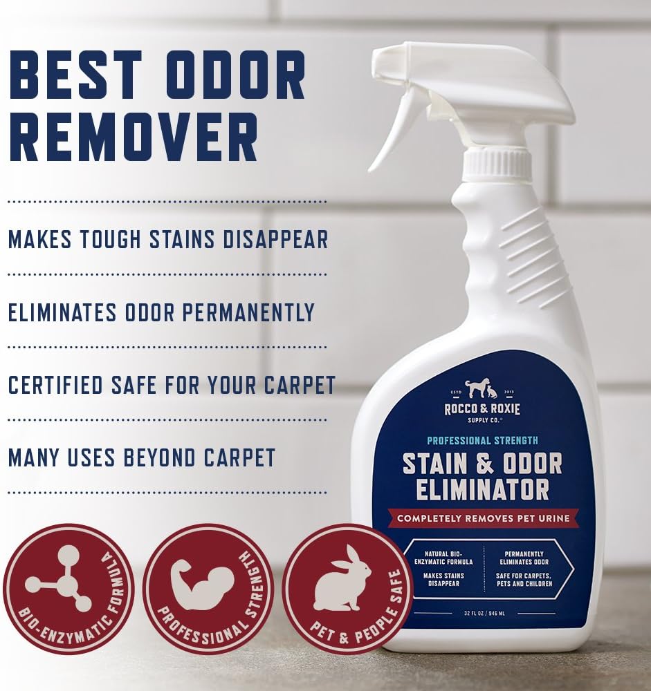 Rocco & Roxie Supply Co. Stain & Strong Odor Eliminator, Enzyme Cleaner, Pet Odor Eliminator for Home - Carpet Stain Remover for Cats & Dog Pee - Urine Destroyer - Carpet Cleaner Spray Clear, 32 Fl Oz - Image 2